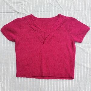 Women's Burgundy Hand Knit Short Sleeve Sweater Top